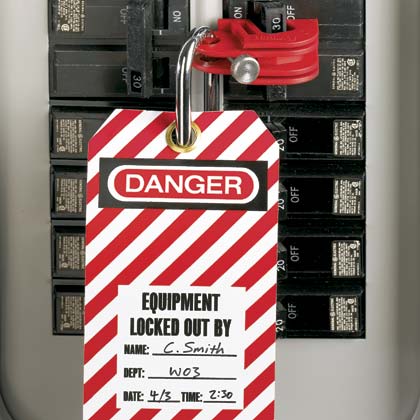 No-Tool Universal Circuit Breaker Lockout Device - Locked and Tagged